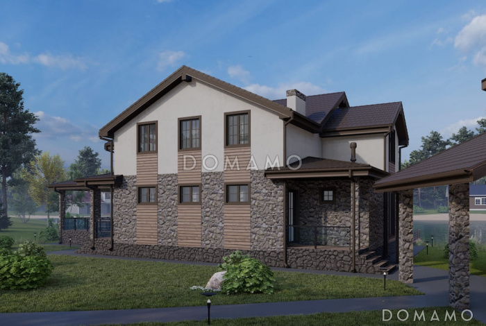 Проект коттеджа с мансардой, двусветной гостиной, сауной и верандой