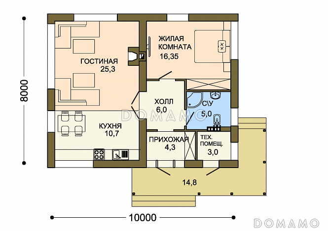 Проект белого одноэтажного дома с авангардным крыльцом / План 1 этажа