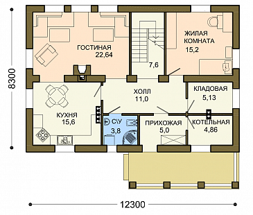 Проект коттеджа с двумя кладовыми и вытянутым крыльцом / План 1 этажа