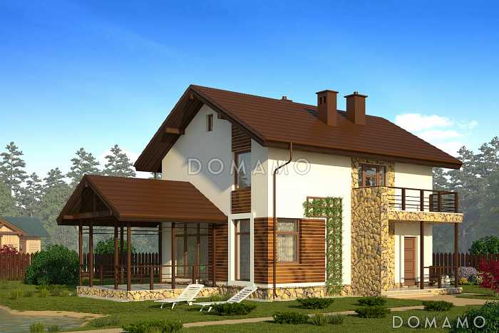 Проект компактного белого коттеджа с террасой и большим балконом