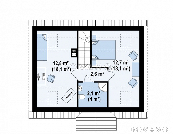 Проект одноэтажного мансардного дома из кирпича с четырьмя спальнями / План мансардного этажа