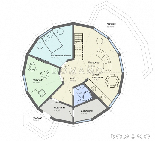 Проект необычного каркасного дома / План 1 этажа
