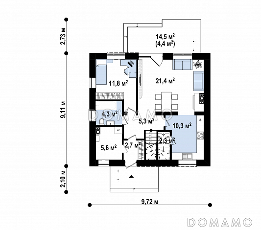 Проект современного загородного дома с террасой, кухней с кладовой, тремя спальнями с балконами на мансарде / План 1 этажа