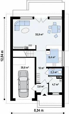Проект одноэтажного дома из газобетона с мансардным этажом и встроенным гаражом / План 1 этажа