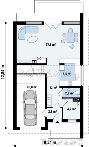 Проект одноэтажного дома из газобетона с мансардным этажом и встроенным гаражом / План 1 этажа