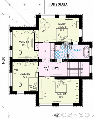 Проект двухэтажного особняка с мансардой, террасой и большой гардеробной / План 2 этажа
