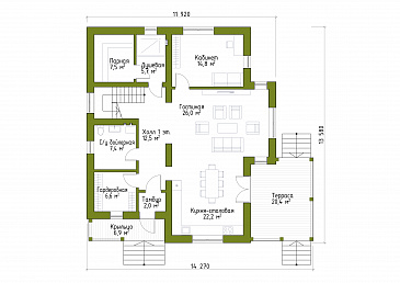 Проект просторного коттеджа в стиле шале из СИП / План 1 этажа
