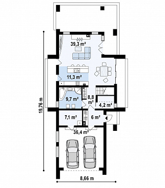 Проект удобного современного одноэтажного мансардного дома из газобетона с гаражом и тремя спальнями на мансарде / План 1 этажа