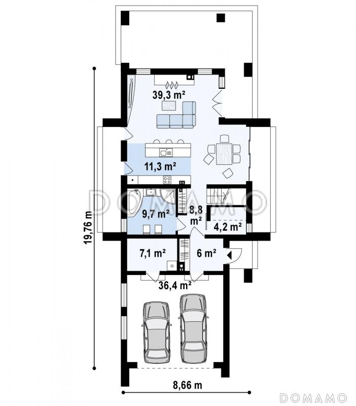 Проект удобного современного одноэтажного мансардного дома из газобетона с гаражом и тремя спальнями на мансарде / План 1 этажа