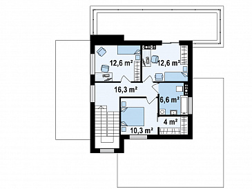 Проект современного двухэтажного дома из газобетона с плоской крышей, четырьмя комнатами, гаражом и террасой на втором этаже / План 2 этажа