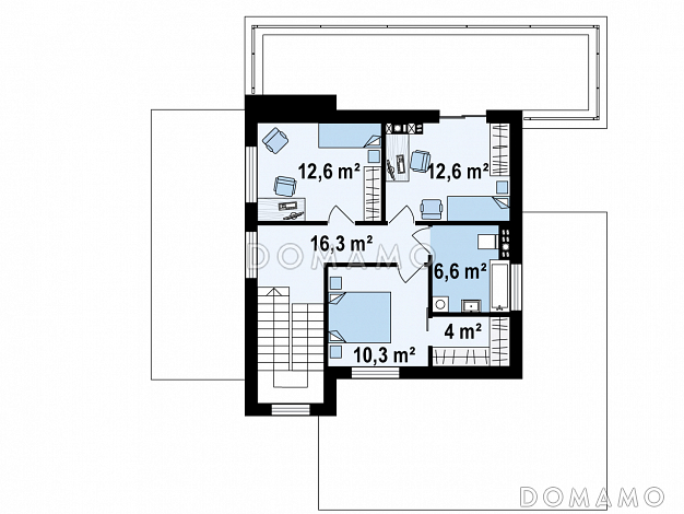Проект современного двухэтажного дома из газобетона с плоской крышей, четырьмя комнатами, гаражом и террасой на втором этаже / План 2 этажа