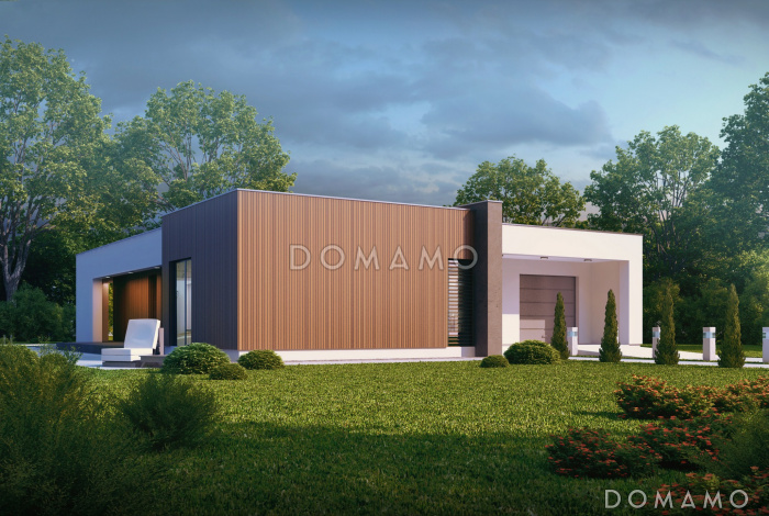 Проект современного одноэтажного дома из кирпича с плоской крышей с тремя спальнями и гаражом