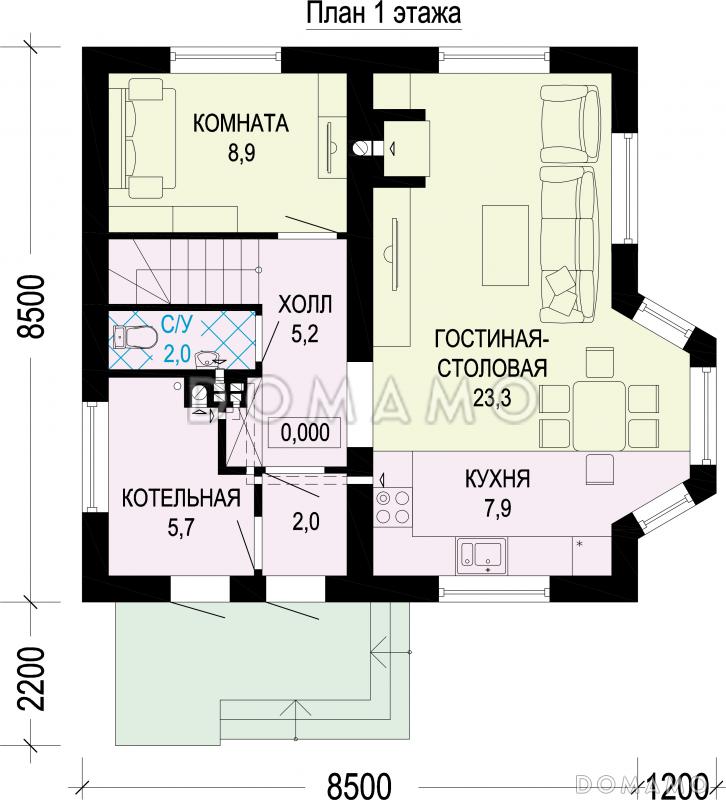 Проект одноэтажного дома из газобетона с мансардой, эркером, треугольными окнами и шатровой ломанной крышей / План 1 этажа