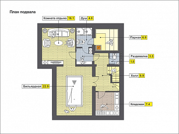 Проект уютного загородного дома с парной в цокольном этаже, навесом для машины, тремя спальнями на мансардном этаже / План цокольного этажа