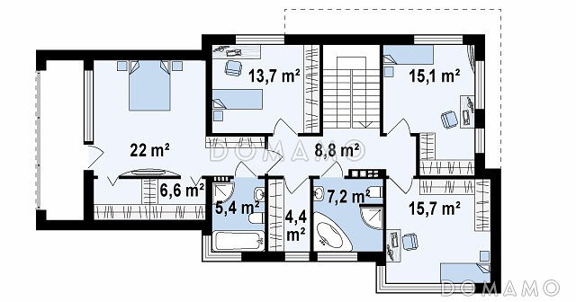 Проект двухэтажного дома из кирпича в стиле модерн, с четырьмя спальнями, кабинетом и гаражом / План 2 этажа