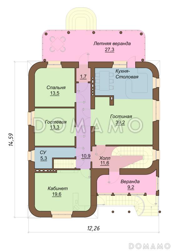 Проект одноэтажного кирпичного коттеджа с мансардным этажом / План 1 этажа