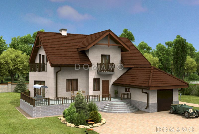 Проект дома с треугольным эркером и гаражом на одну машину