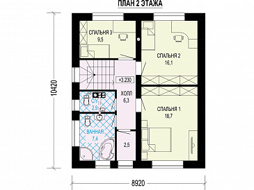 Проект загородного дома с тремя санузлами, гостиной с камином, кладовой у крыльца / План 2 этажа