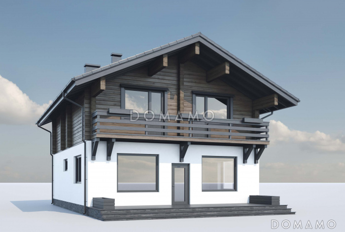 Проект двухэтажного дома из газобетона и бруса с балконом на две комнаты и террасой