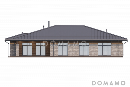 Проект дома с навесом для двух автомобилей, террасой с барбекю, мастер-спальней и сауной / Фасад 1