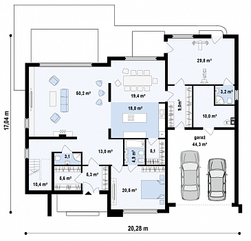 Проект большого комфортабельного двухэтажного дома из кирпича с пятью комнатами, спортзалом и вторым светом над просторной гостиной / План 1 этажа