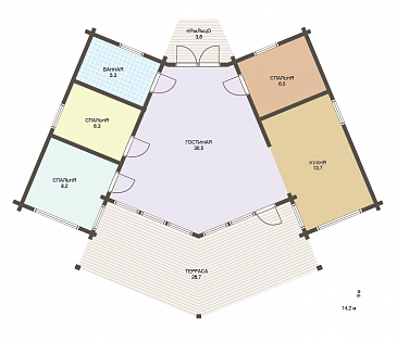 Проект одноэтажного необычного по форме дома из клееного бруса / План 1 этажа