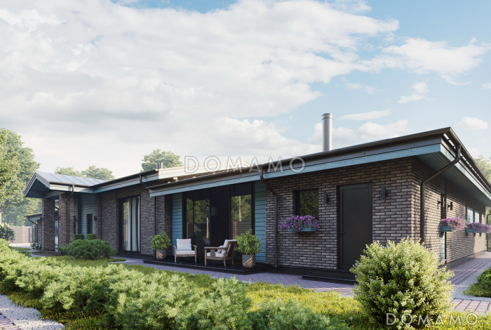 Проект одноэтажного кирпичного дома с комнатой отдыха, парной, двумя спальнями, совмещенной гостиной-кухней-столовой