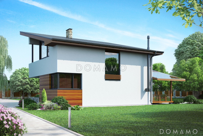 Проект дома по технологии ЛСТК с навесом на две машины, крытой террасой, спальней на первом этаже, балконом