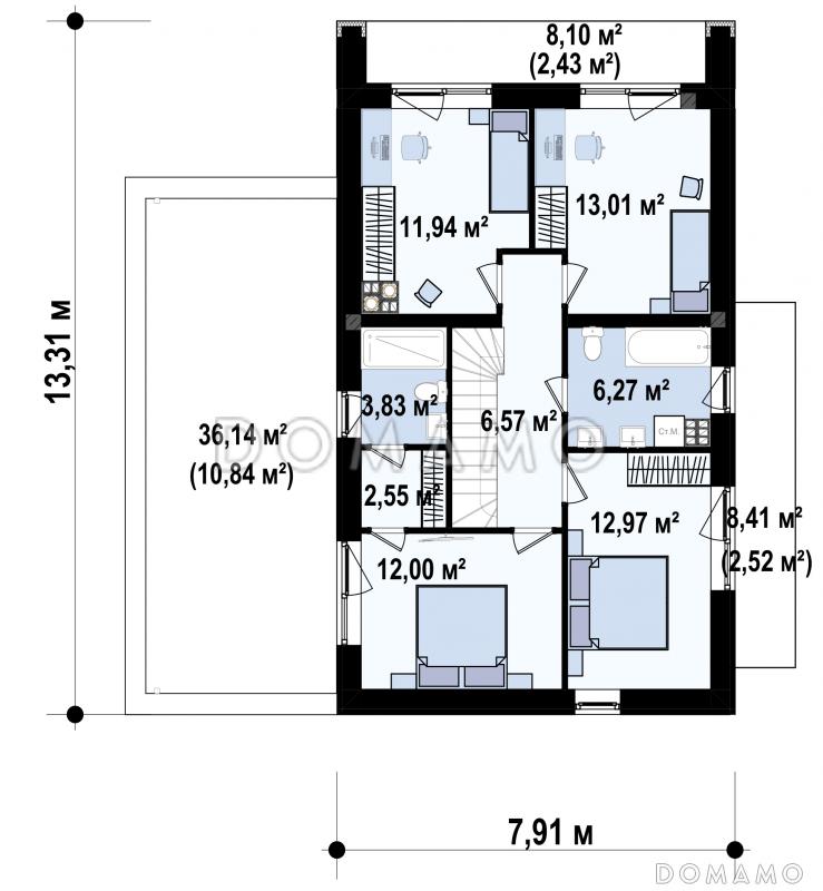 Проект двухэтажного дома с гаражом, гостиной с камином, кладовой, балконами / План 2 этажа