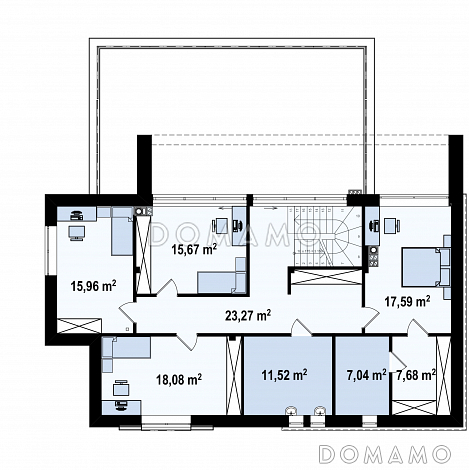 Проект просторного современного двухэтажного дома из газобетона с плоской крышей,  с пятью комнатами, гаражом и террасой на втором этаже / План 2 этажа