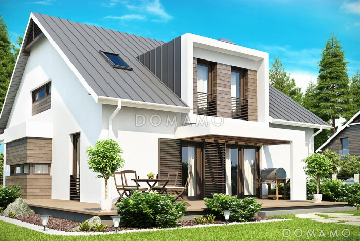 Проект мансардного дома из газобетона с пятью спальнями, гаражом и балконом