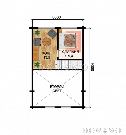 Проект дома из клееного бруса с одной небольшой спальней на мансардном этаже / План мансардного этажа
