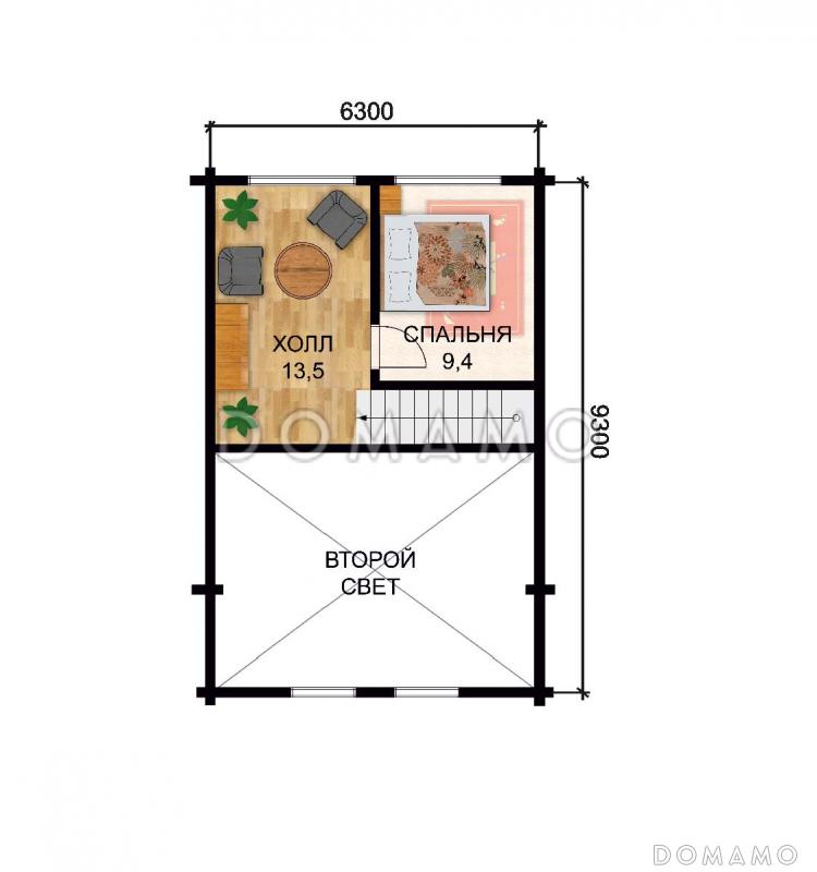 Проект дома из клееного бруса с одной небольшой спальней на мансардном этаже / План мансардного этажа