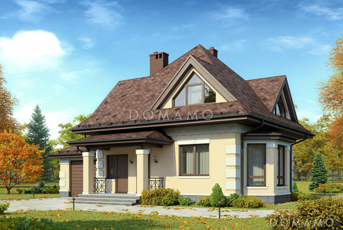 Проект одноэтажного дома из газобетона с мансардой, эркером, гаражом и шатровой ломанной крышей