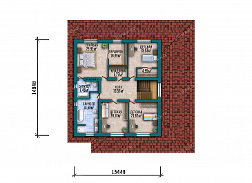 Проект двухэтажного дома с гаражом, 5 спальнями и угловой крытой террасой  / План 2 этажа