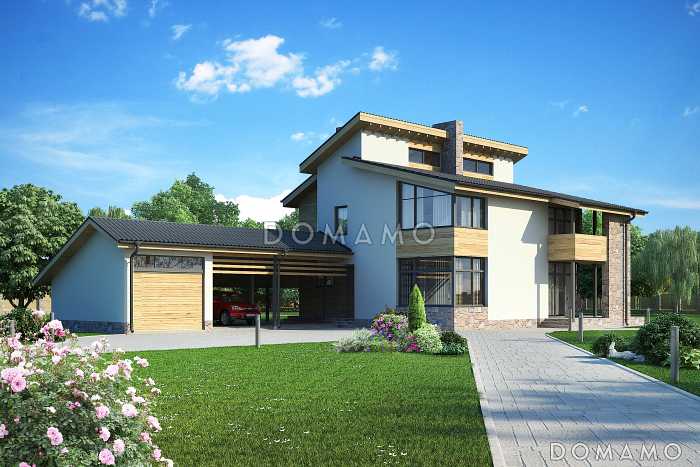 Проект дома с навесом и гаражом для машин, крытой террасой, котельной с отдельным входом с улицы, большой кухней и гостиной, вторым светом