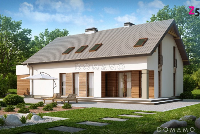 Проект одноэтажного мансардного дома из газобетона с крытой угловой террасой и большой открытой террасой над гаражом