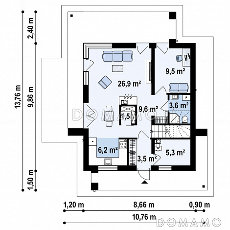 Проект хорошо зонированого двухэтажного дома с кабинетом, мастер-спальней, кладовой / План 1 этажа