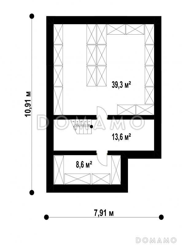 Проект двухэтажного дома с подвалом, кладовой, гостиной с камином, тремя спальнями / План цокольного этажа