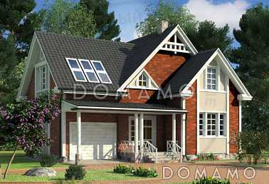 Проект дома с гаражом, мансардными и круглыми окнами, тремя спальными на мансардном этаже