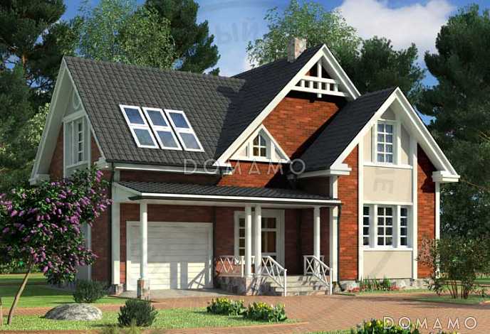 Проект дома с гаражом, мансардными и круглыми окнами, тремя спальными на мансардном этаже