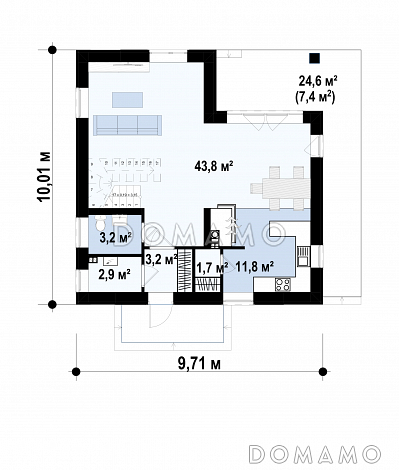 Проект загородного дома с камином, просторной гостиной, балконом, большой ванной с окном / План 1 этажа