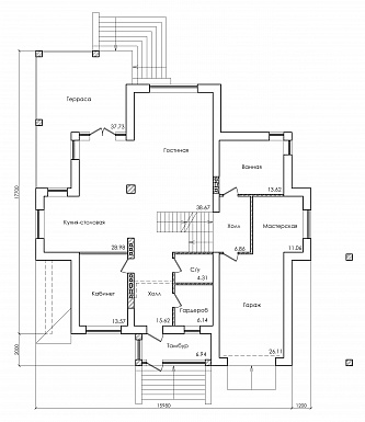 Проект особняка в трех уровнях, с комнатой отдыха на чердаке, с мастерской, гаражом и навесом под автомобиль / План 1 этажа