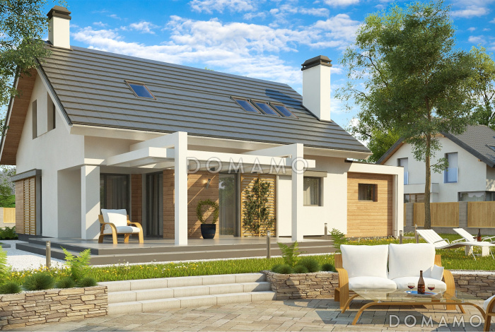 Проект одноэтажного мансардного дома из газобетона с тремя спальнями и пристроенным гаражом