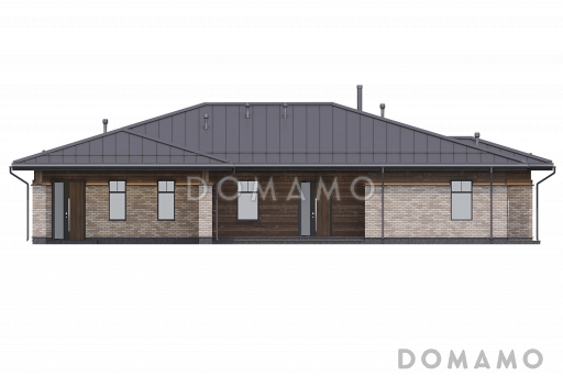 Проект дома с навесом для двух автомобилей, террасой с барбекю, мастер-спальней и сауной / Фасад 3