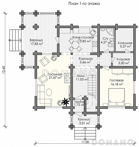 Проект дома  с 4 спальными комнатами, санузлом и небольшим балконом на мансардном этаже / План 1 этажа