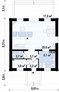 Проект одноэтажного дома из кирпича с мансардой и просторной гостиной / План 1 этажа