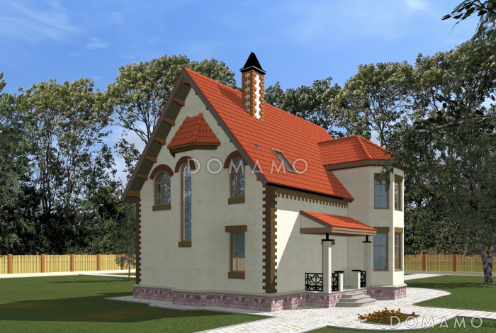 Дом с островерхой кровлей и двухэтажным эркером