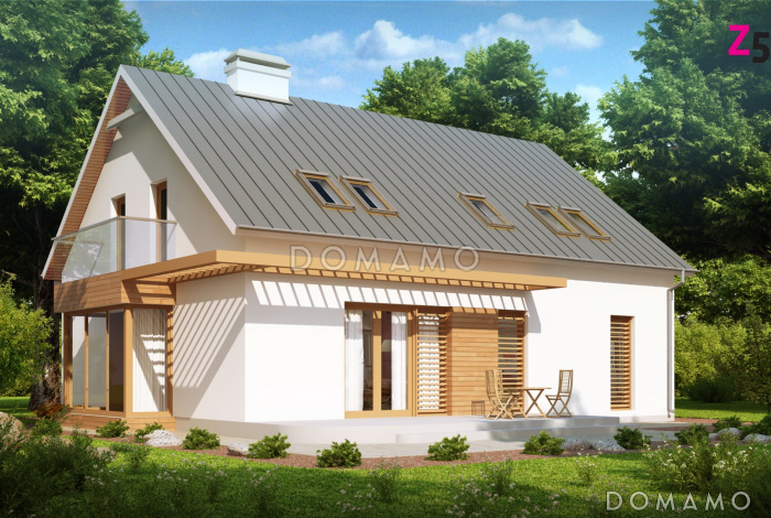 Проект одноэтажного мансардного дома из кирпича со стеклянным эркером в кухонной зоне и гаражом