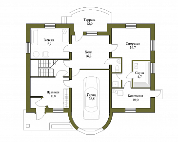 Проект коттеджа с гаражом и зимним садом / План 1 этажа